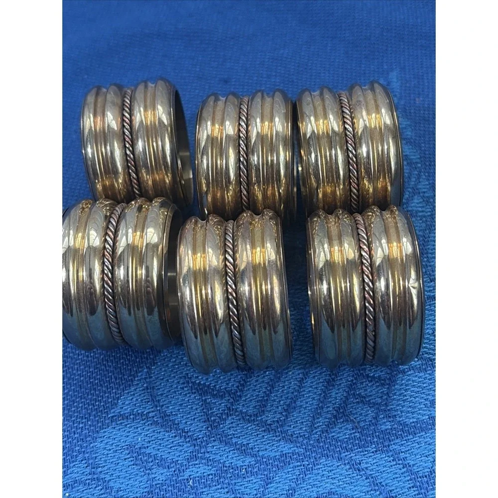 Vtg Brass and Copper Napkin Rings W/ Braided Rope Design 6 pc. Set 1.5